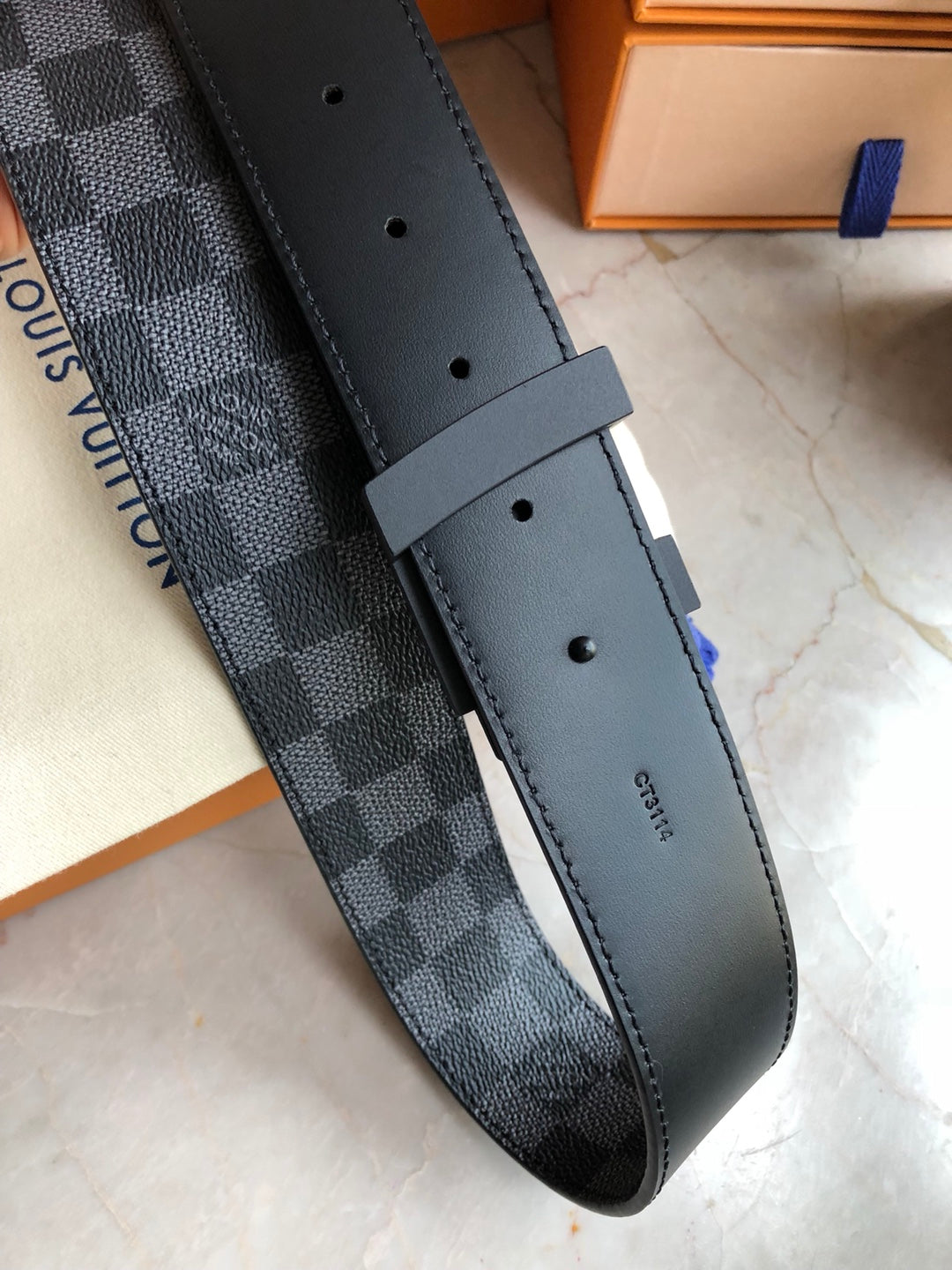 Louis Vuitton LV Initiales 40mm Reversible Belt, Damier Graphite Canvas & Black Leather, Matte Black Buckle
