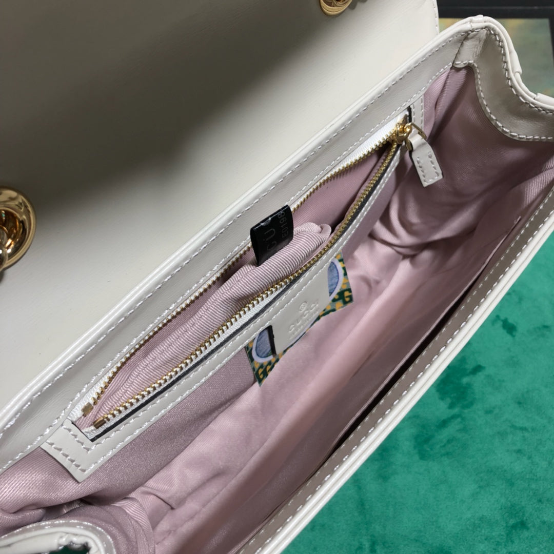 Gucci Rajah Small White Leather Shoulder Bag with Horsebit and Tiger Head
