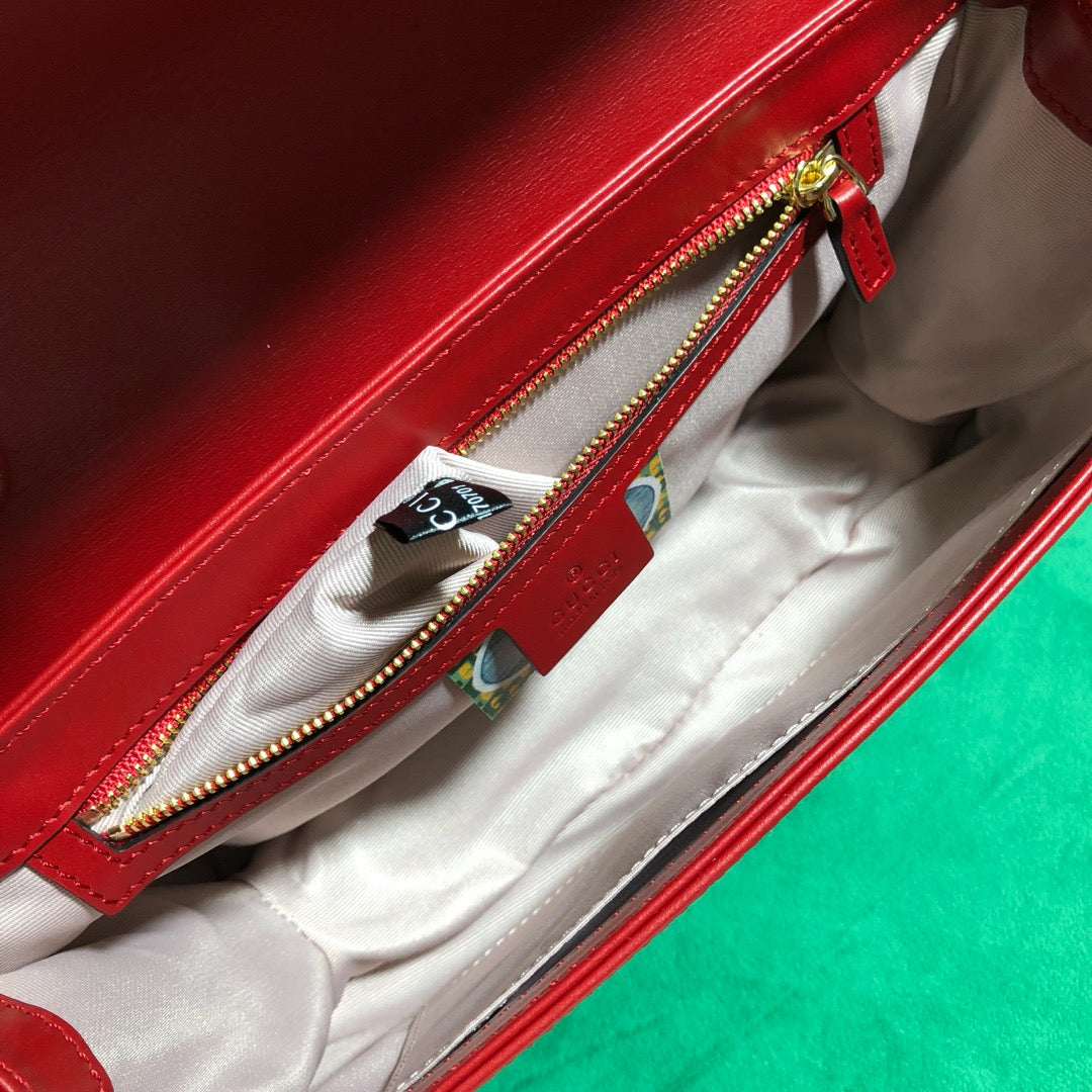 Red Leather Rajah Style Shoulder Bag with Tiger Head and Horsebit Detail