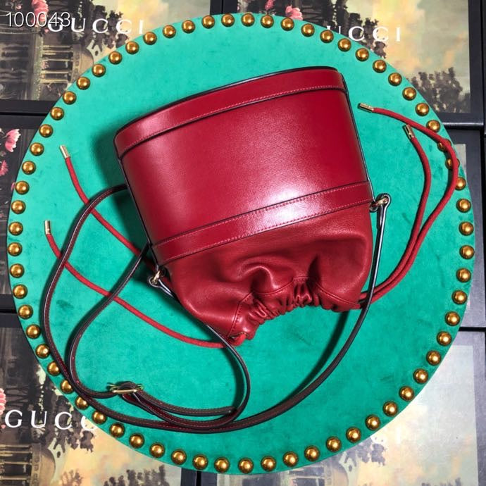 Red Leather Horsebit Bucket Bag - Elegant Drawstring Crossbody Handbag
