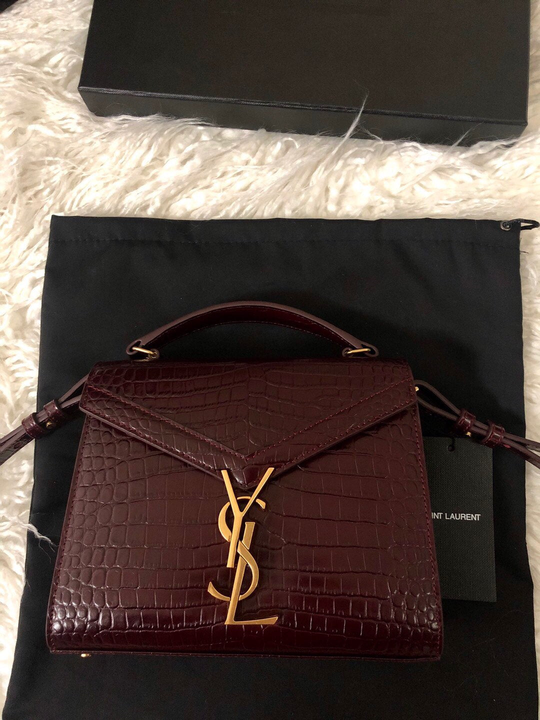 Saint Laurent Cassandra Mini Top Handle Bag - Burgundy Crocodile-Embossed Leather