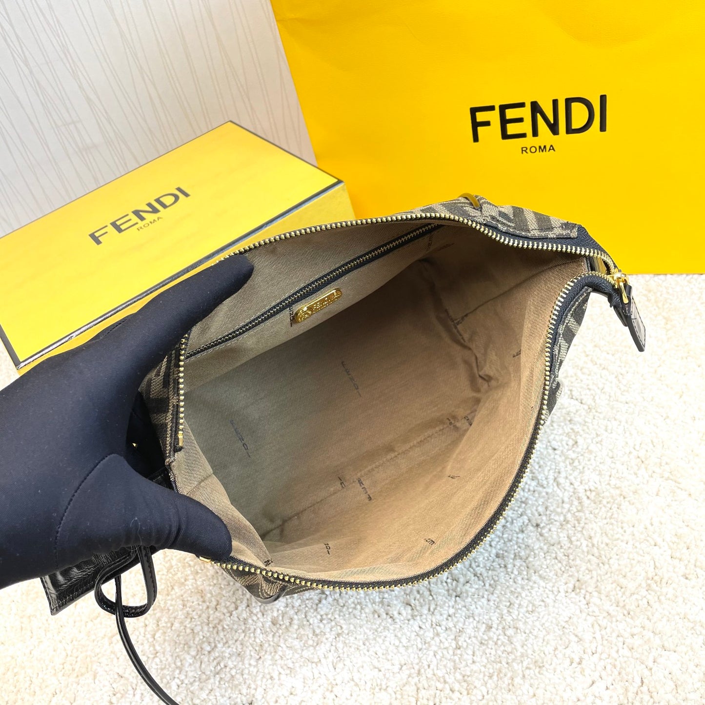 Fendi Small By The Way Boston Bag - Brown FF Monogram Canvas with Black Leather Trim