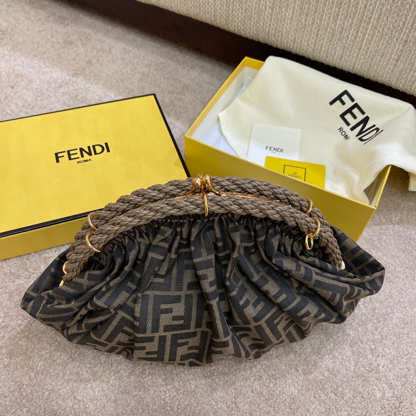 Fendi First Medium FF Fabric Clutch Bag - Brown FF Logo