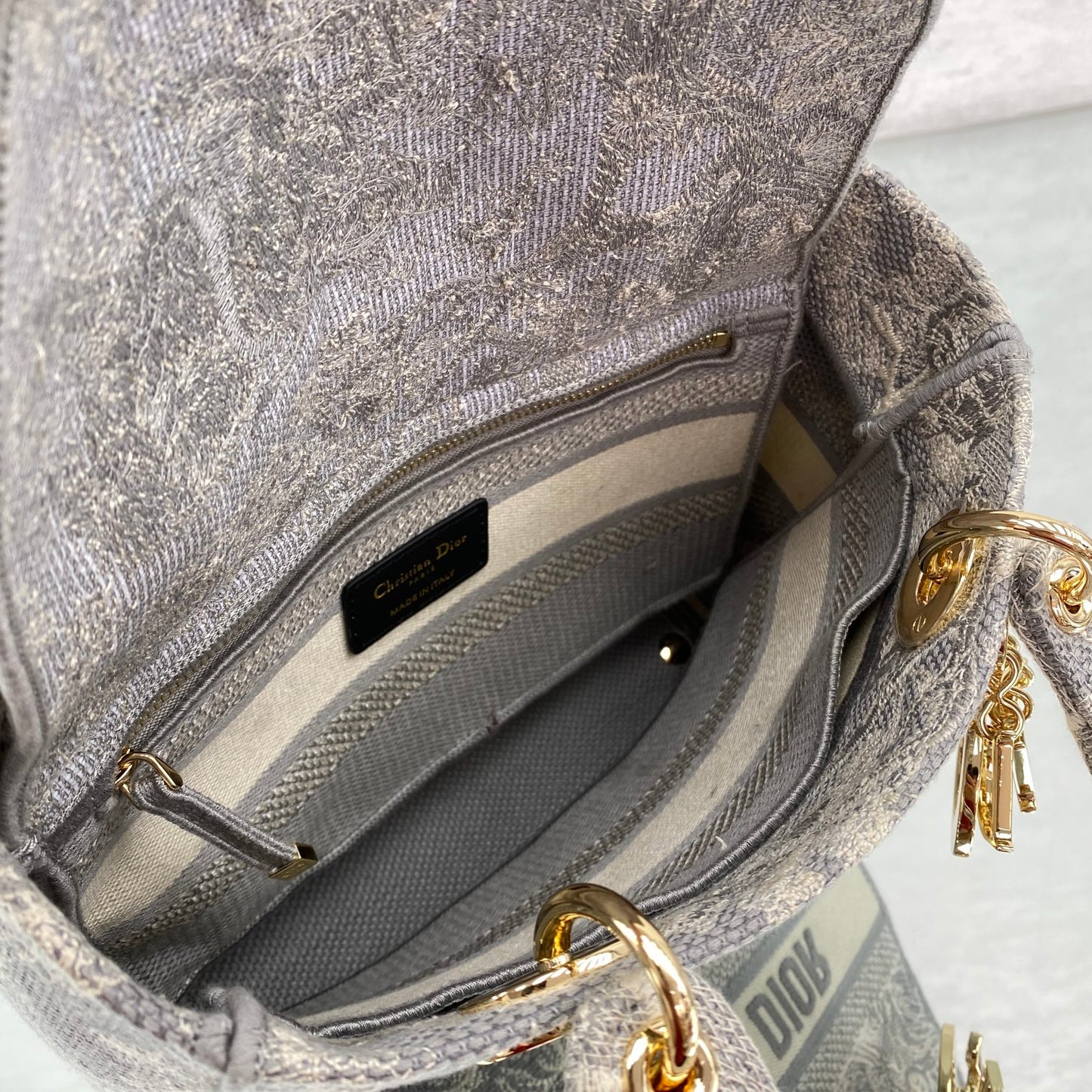 Christian Dior Medium Lady D-Lite Bag - Grey Toile de Jouy Reverse Embroidery