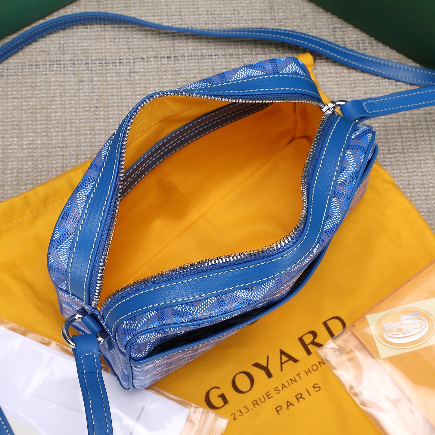 Gogy Blue Chevron Print Leather Crossbody Bag with Stripe Detail