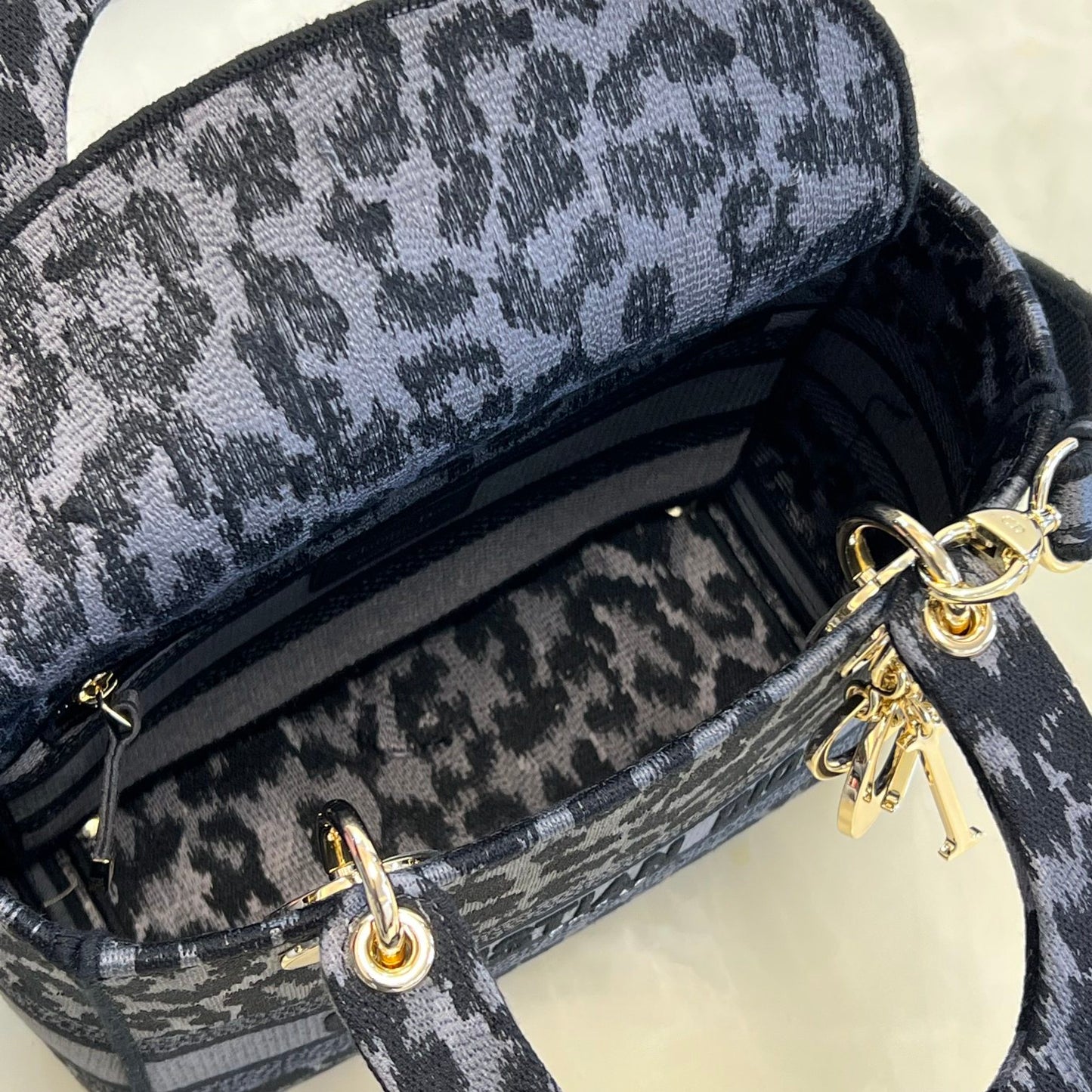 Christian Dior Lady D-Lite Bag - Gray Leopard Embroidery