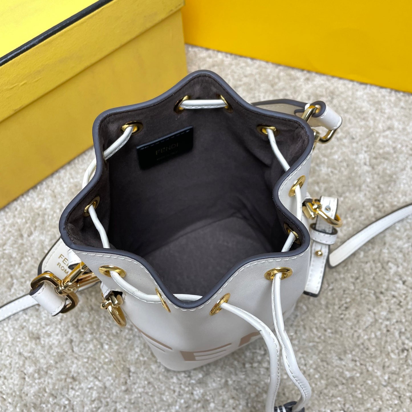 Fendi Mini Mon Tresor White Leather Bucket Bag with Fendi Roma Logo