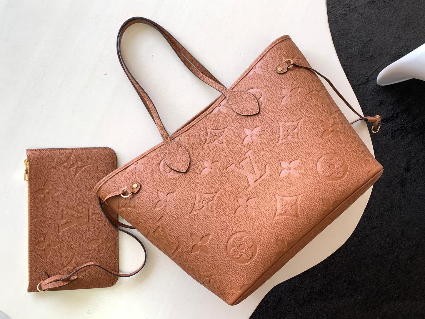 Brown Floral Embossed Leather Tote Bag with Side Drawstrings