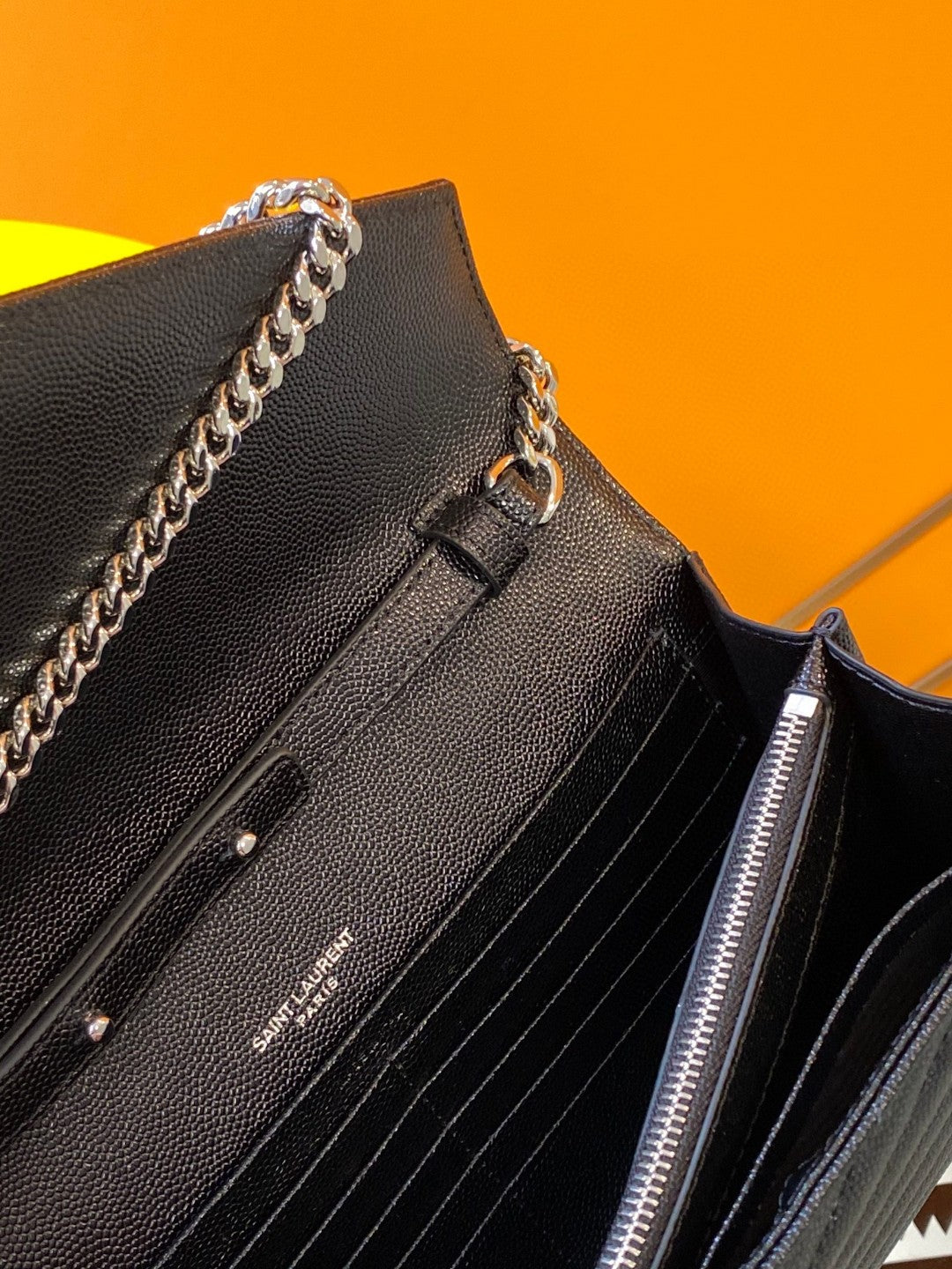 Saint Laurent Monogram Matelassé Leather Chain Wallet - Black with Silver Hardware
