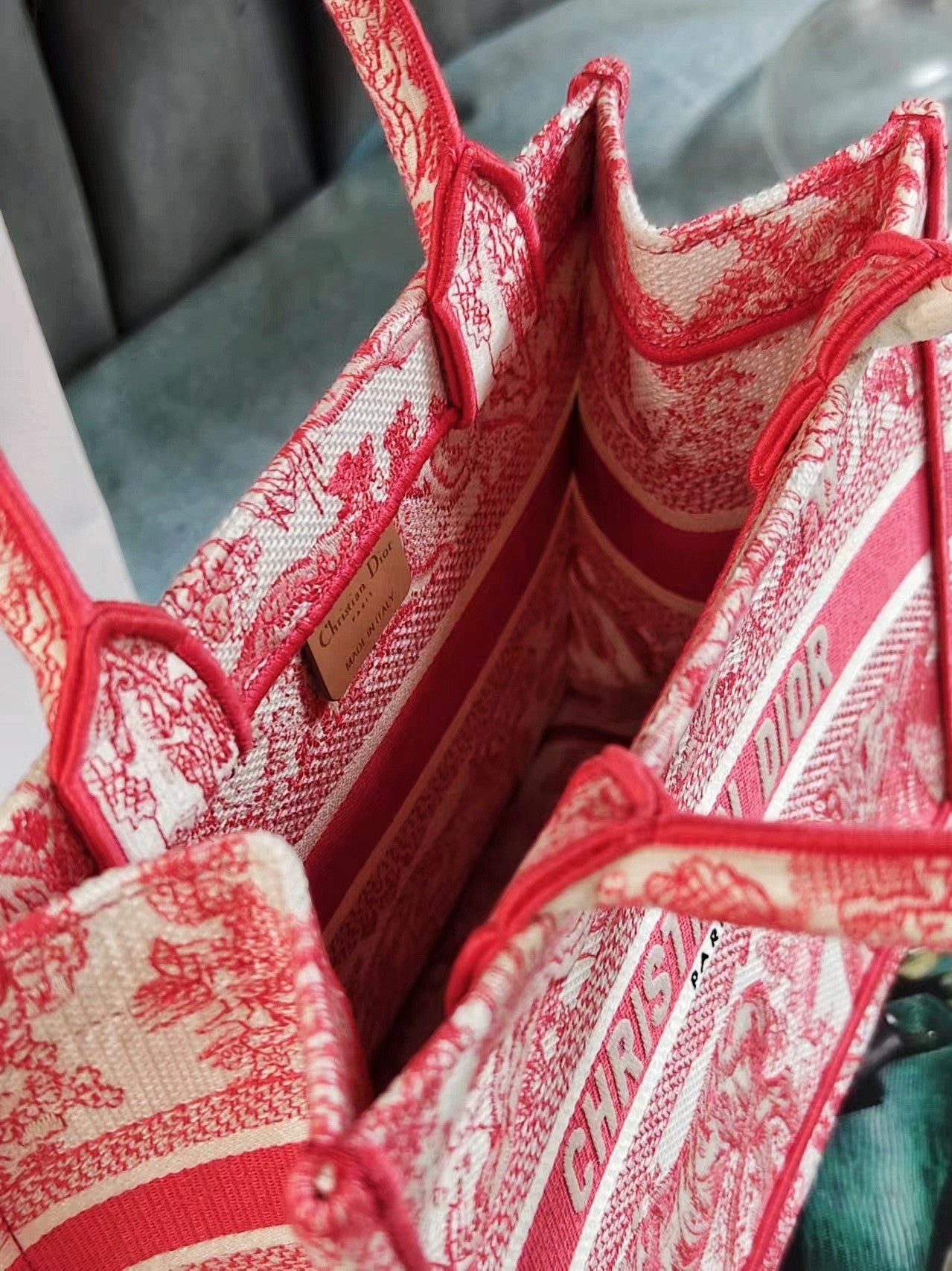 Christian Dior Small Book Tote - Red Toile de Jouy Embroidered Canvas