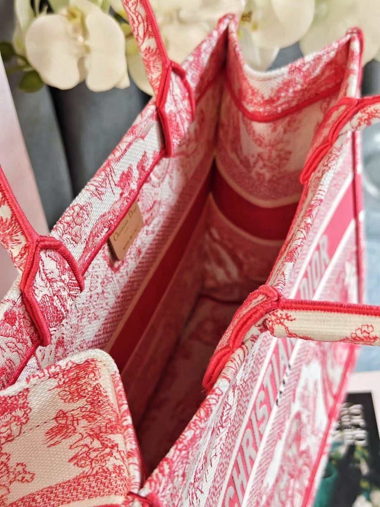 Christian Dior Medium Book Tote Bag Toile de Jouy Embroidery Pink and White