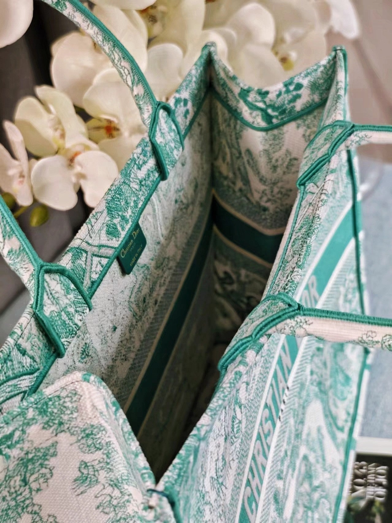 Christian Dior Medium Book Tote Bag - Green Toile de Jouy Reverse Embroidery