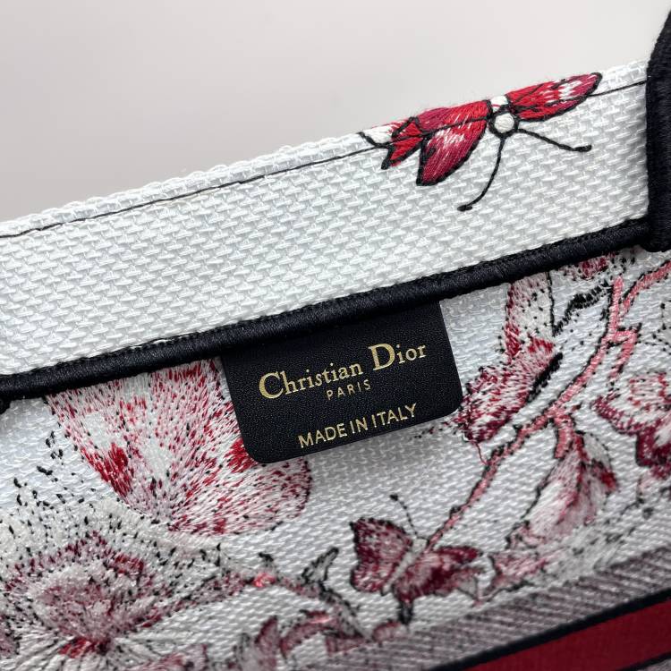 Christian Dior Small Book Tote - Red and White Butterfly Floral Canvas Handbag