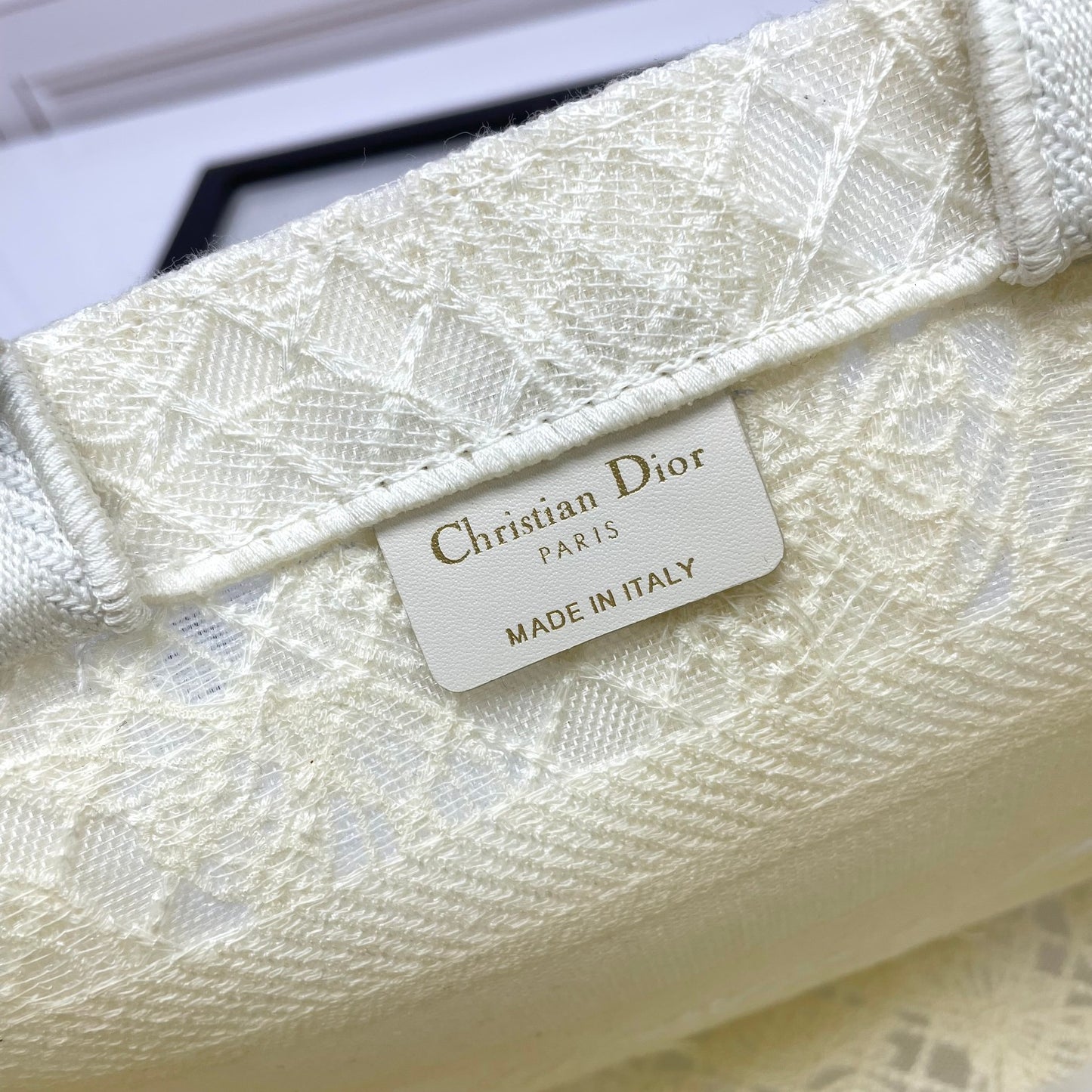 Dior Elegant Off-White Canvas Tote Bag with Embroidered Butterflies
