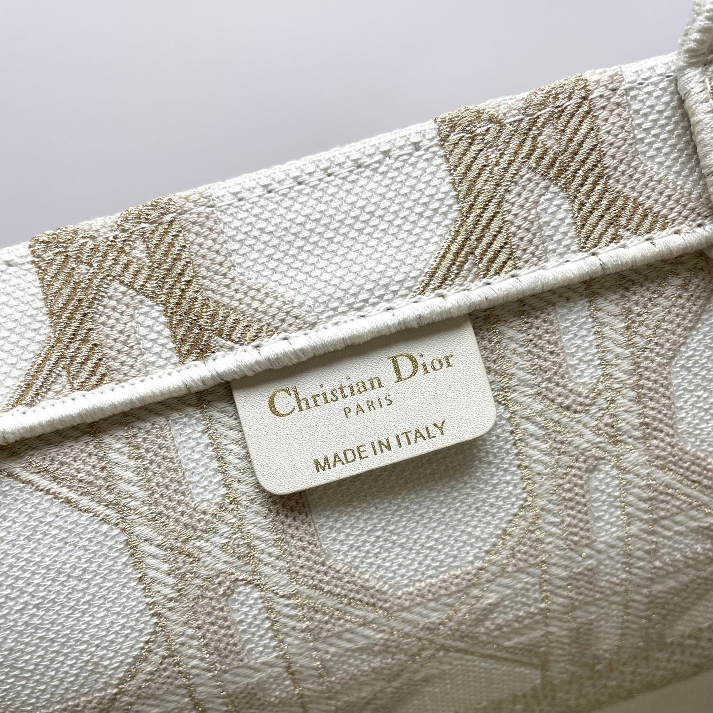 Dior Structured Beige Canvas Tote Bag with Embroidered Geometric Pattern