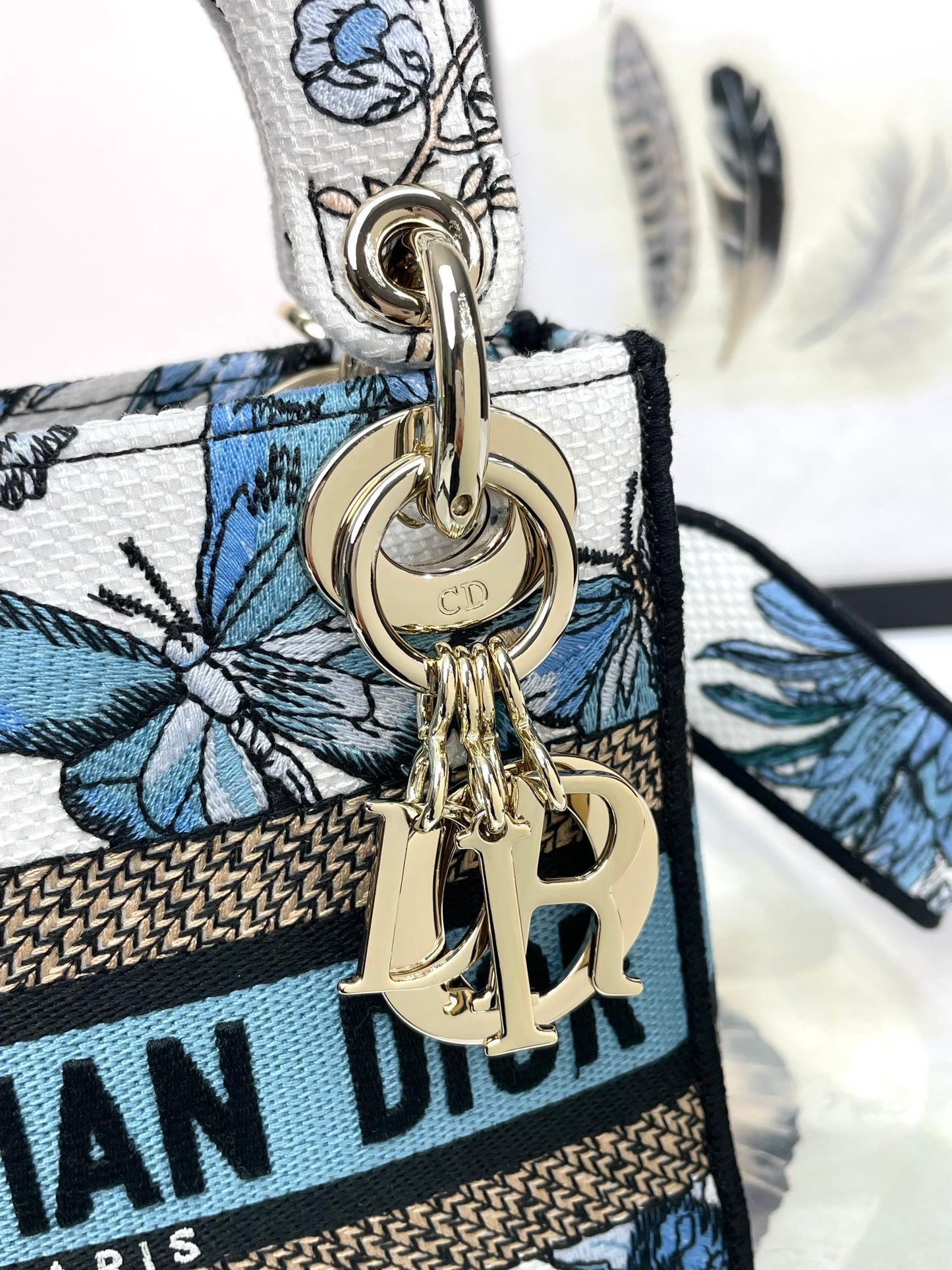 Dior Blue and White Butterfly Embroidered Canvas Mini Handbag