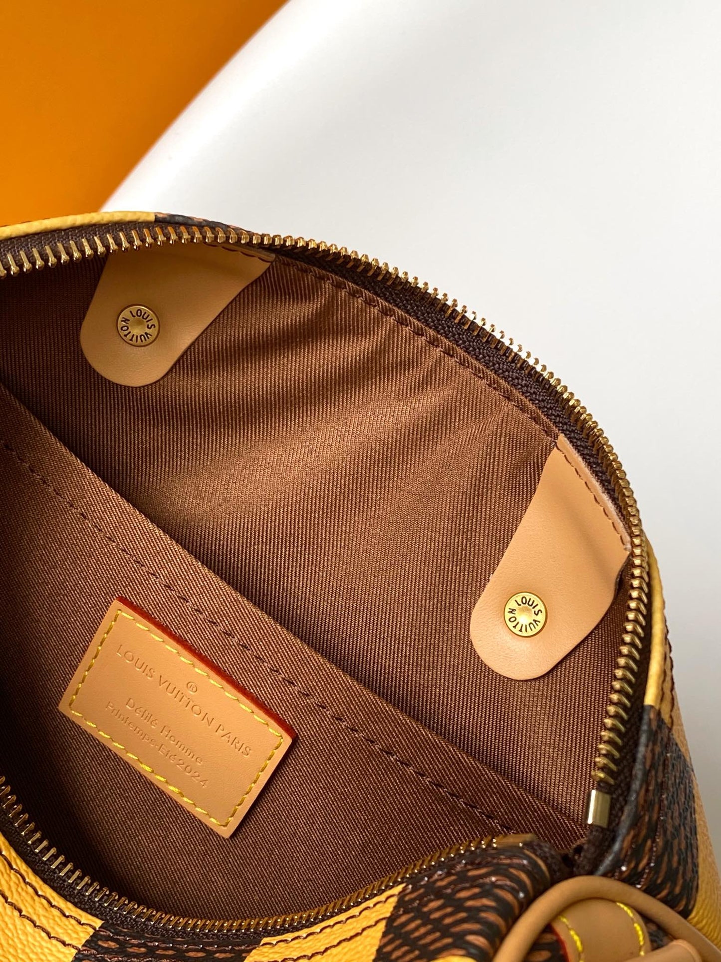 Louis Vuitton Yellow and Brown Checkered Boston Handbag with Shoulder Strap