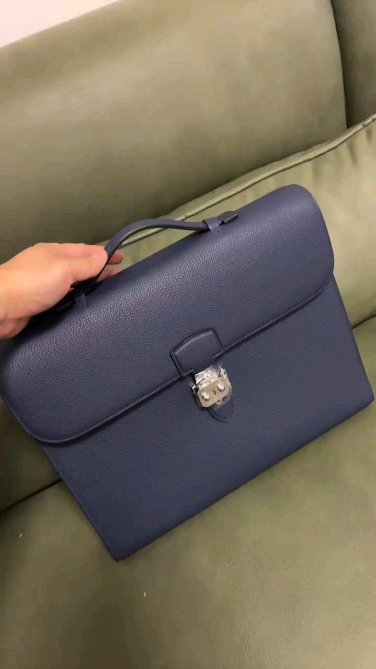 Professional Navy Blue Leather Briefcase - Men's Business Laptop Bag