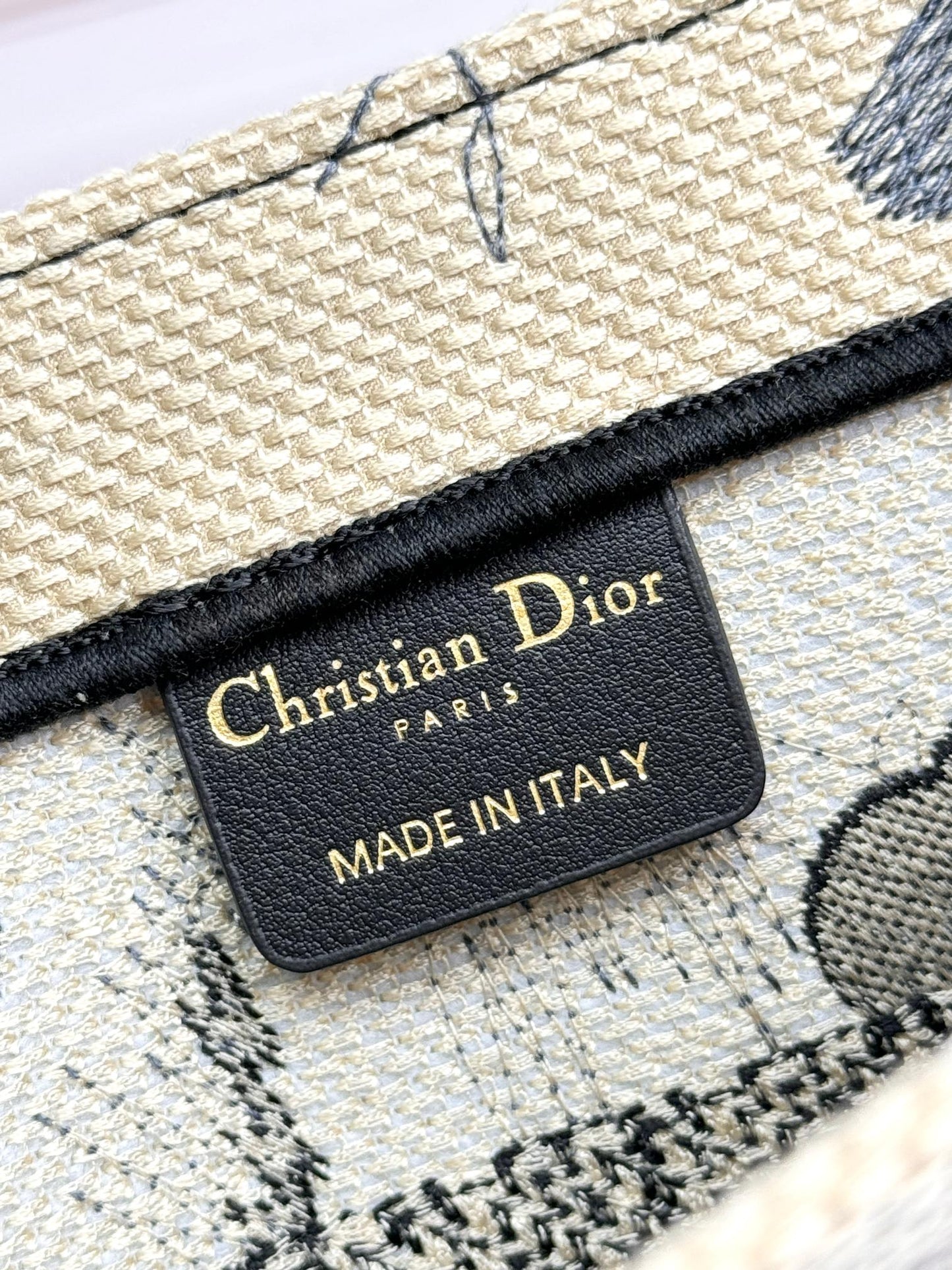 Christian Dior Medium Book Tote - Black and Beige Floral Embroidered Canvas
