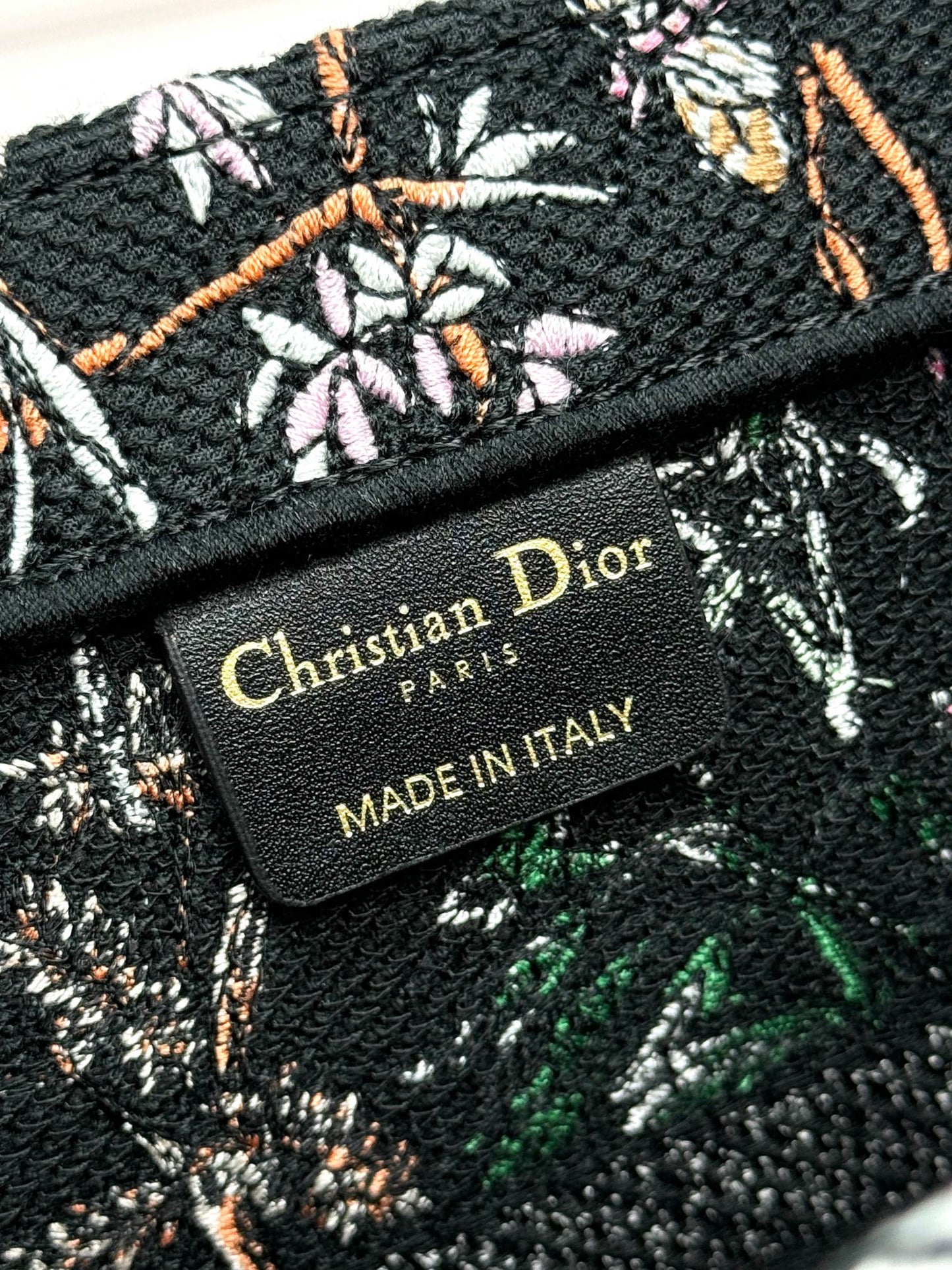 Christian Dior Book Tote with Multicolor Floral Embroidery - Black Canvas
