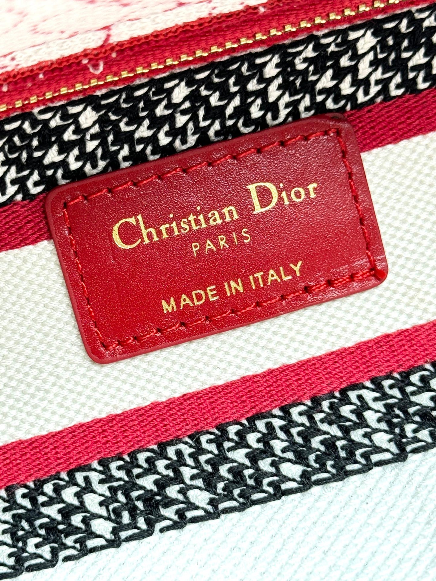 Christian Dior Lady D-Lite Medium Bag - Red and White Embroidered Toile de Jouy Canvas