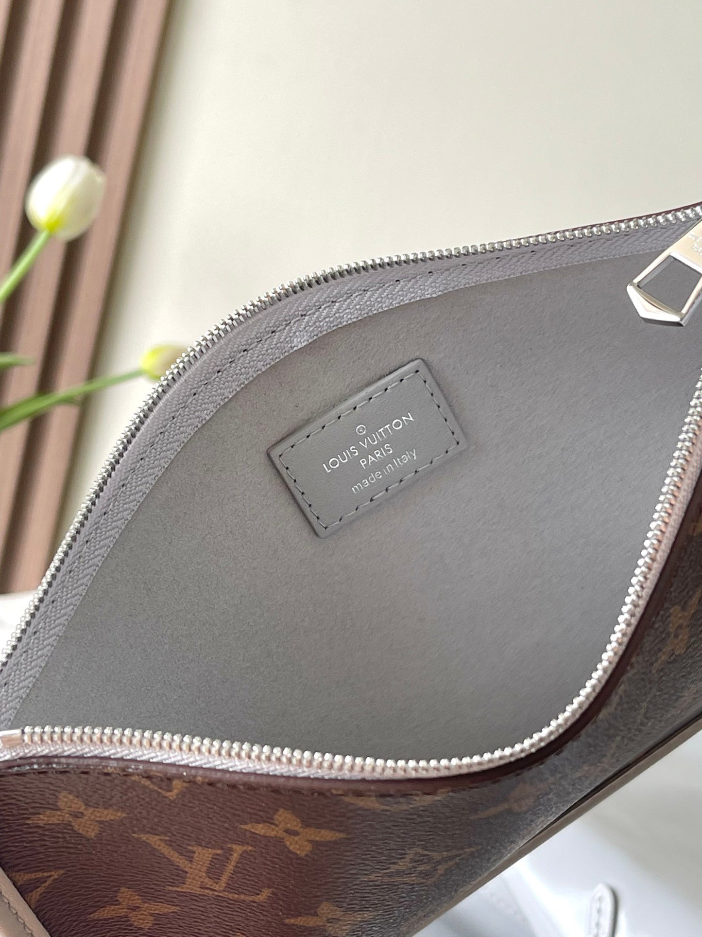 Louis Vuitton Grey Leather Hobo Bag with Monogram Charm