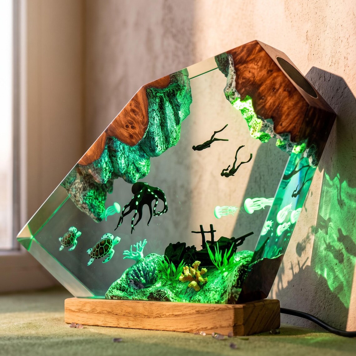Underwater Octopus Resin Lamp, Sea Turtle and Diver Ocean Scene Night Light, Marine Life Coastal Home Decor