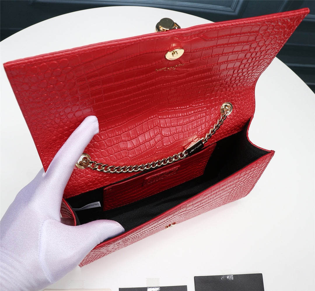 Saint Laurent Kate Tassel Crocodile-Embossed Leather Chain Shoulder Bag - Red