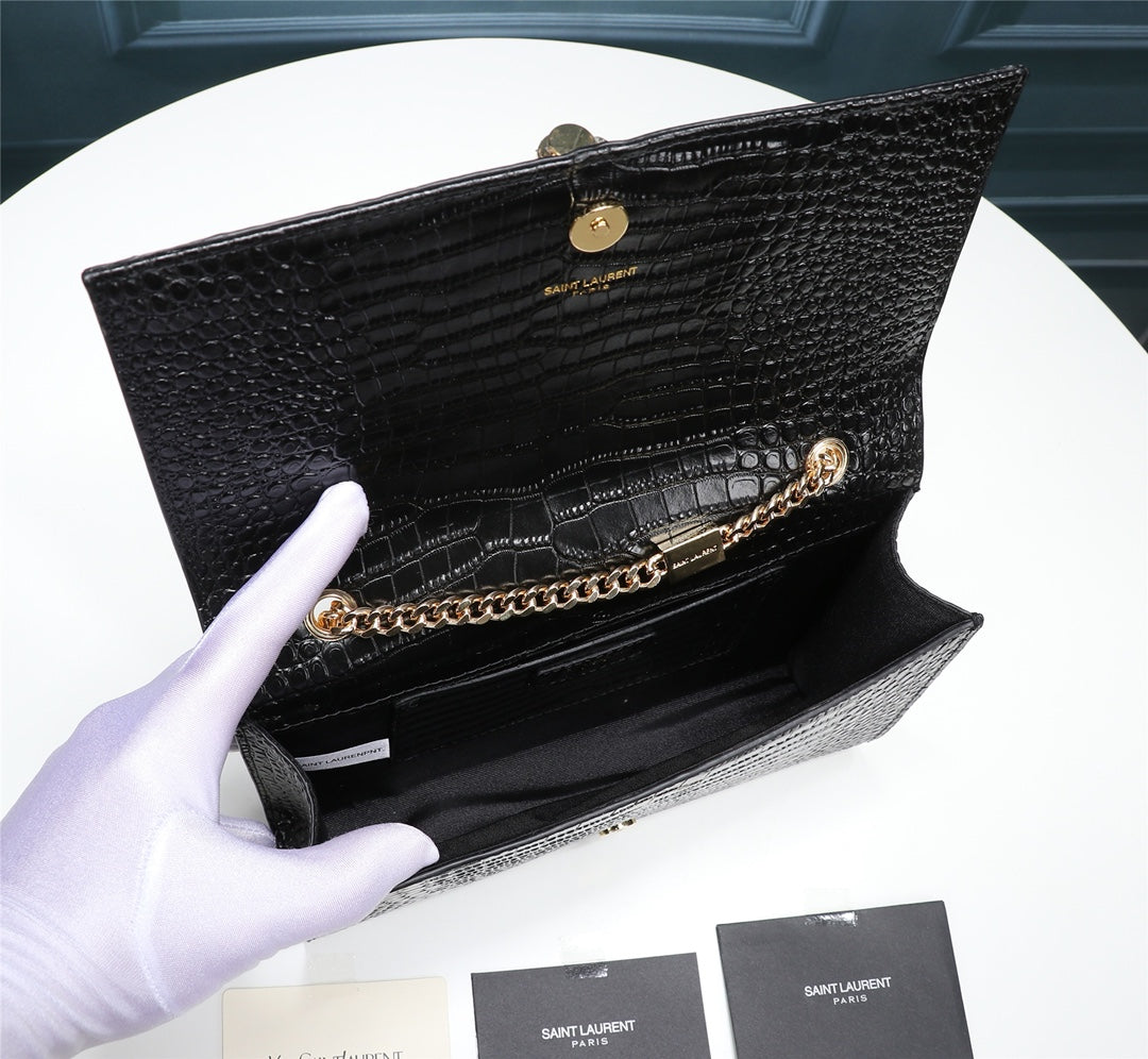 Saint Laurent Kate Medium Crocodile-Embossed Leather Bag with Tassel - Black