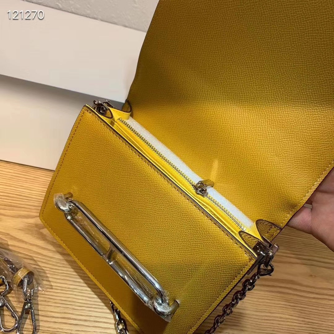 Mustard Yellow Leather Crossbody Bag with Silver Chain and Bar Clasp