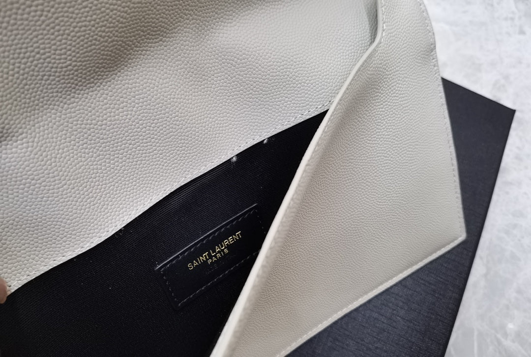 Saint Laurent Cassandre Beige Leather Envelope Pouch Clutch