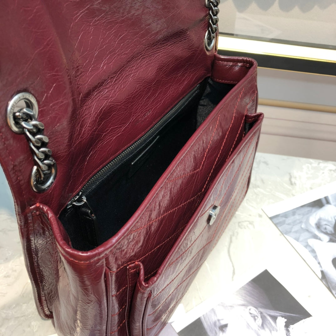 Saint Laurent Niki Medium Shoulder Bag in Burgundy Crinkled Vintage Leather