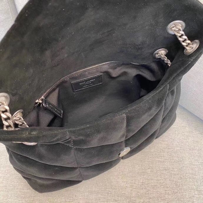 Saint Laurent Puffer Loulou Medium Shoulder Bag in Black Suede with Silver Hardware