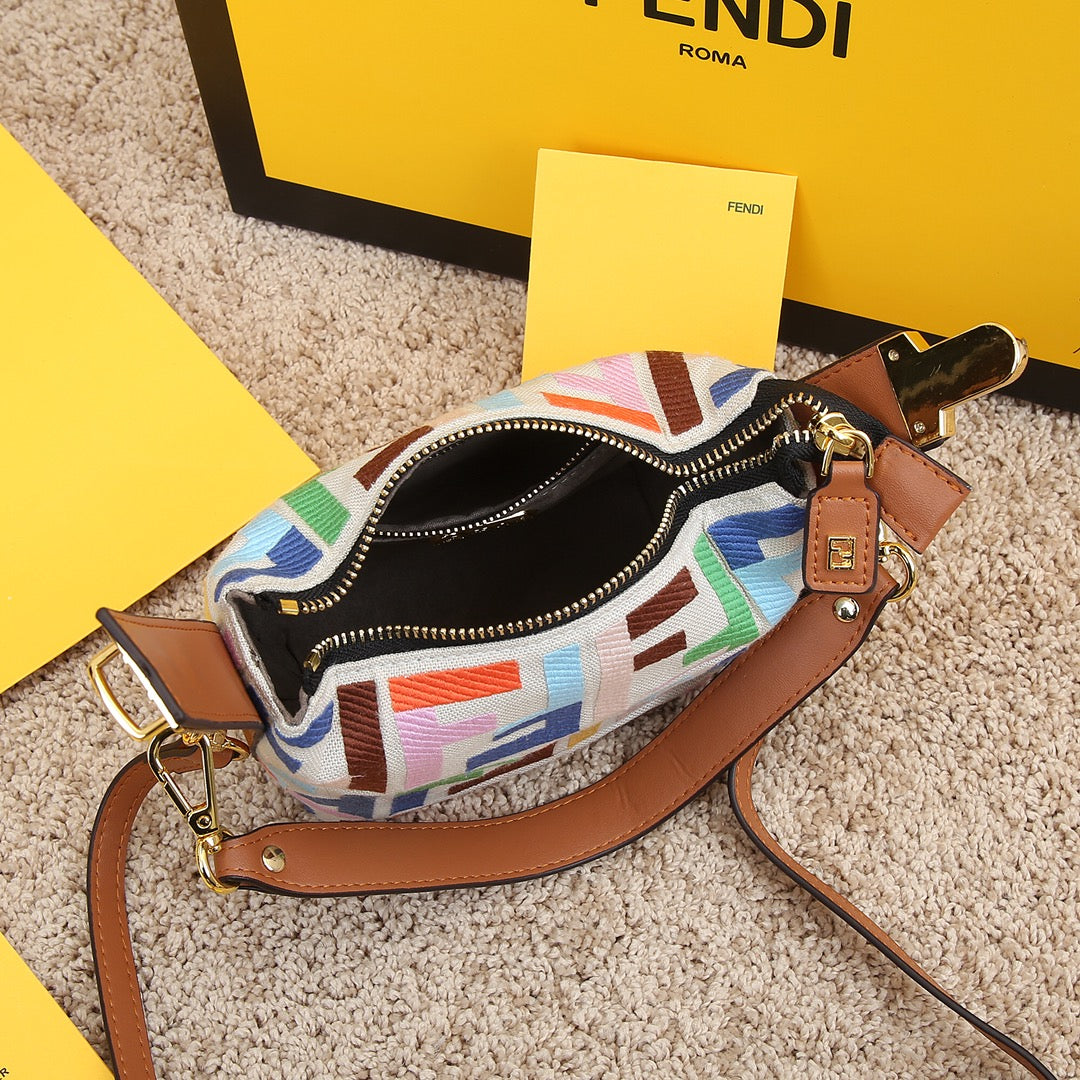 Fendi Mini Mon Tresor Multi-Color FF Logo Canvas Bucket Bag with Tan Leather Trim