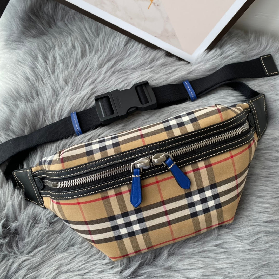 Vintage Check Cotton Canvas Belt Bag - Beige and Blue Fanny Pack