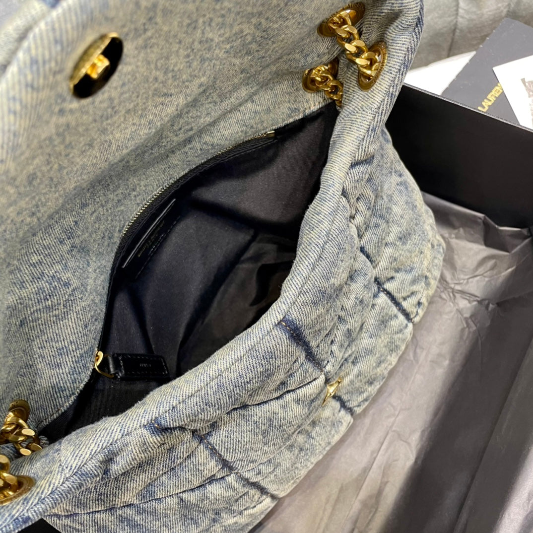 Saint Laurent Small Loulou Shoulder Bag in Quilted Denim - Blue with Gold Hardware