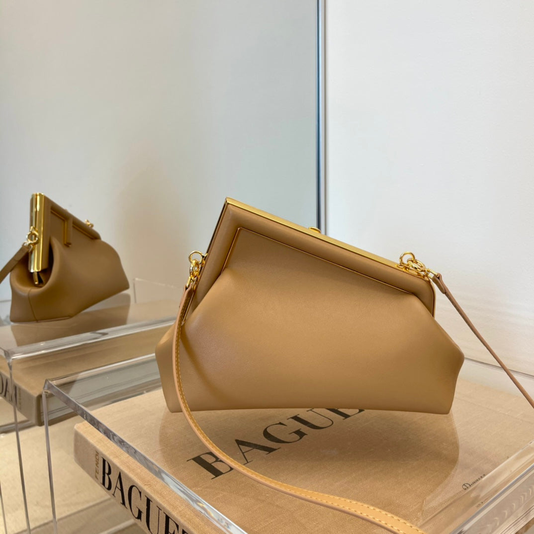 Women's Tan Leather Geometric Frame Clutch Bag with Detachable Gold Chain