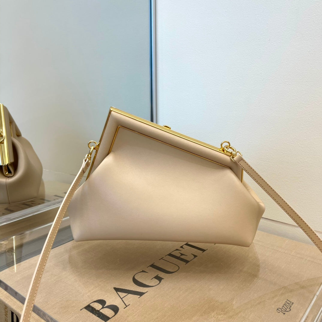 Beige Designer Style Frame Clasp Handbag - Elegant Cream Clutch with Gold-Tone Chain Strap
