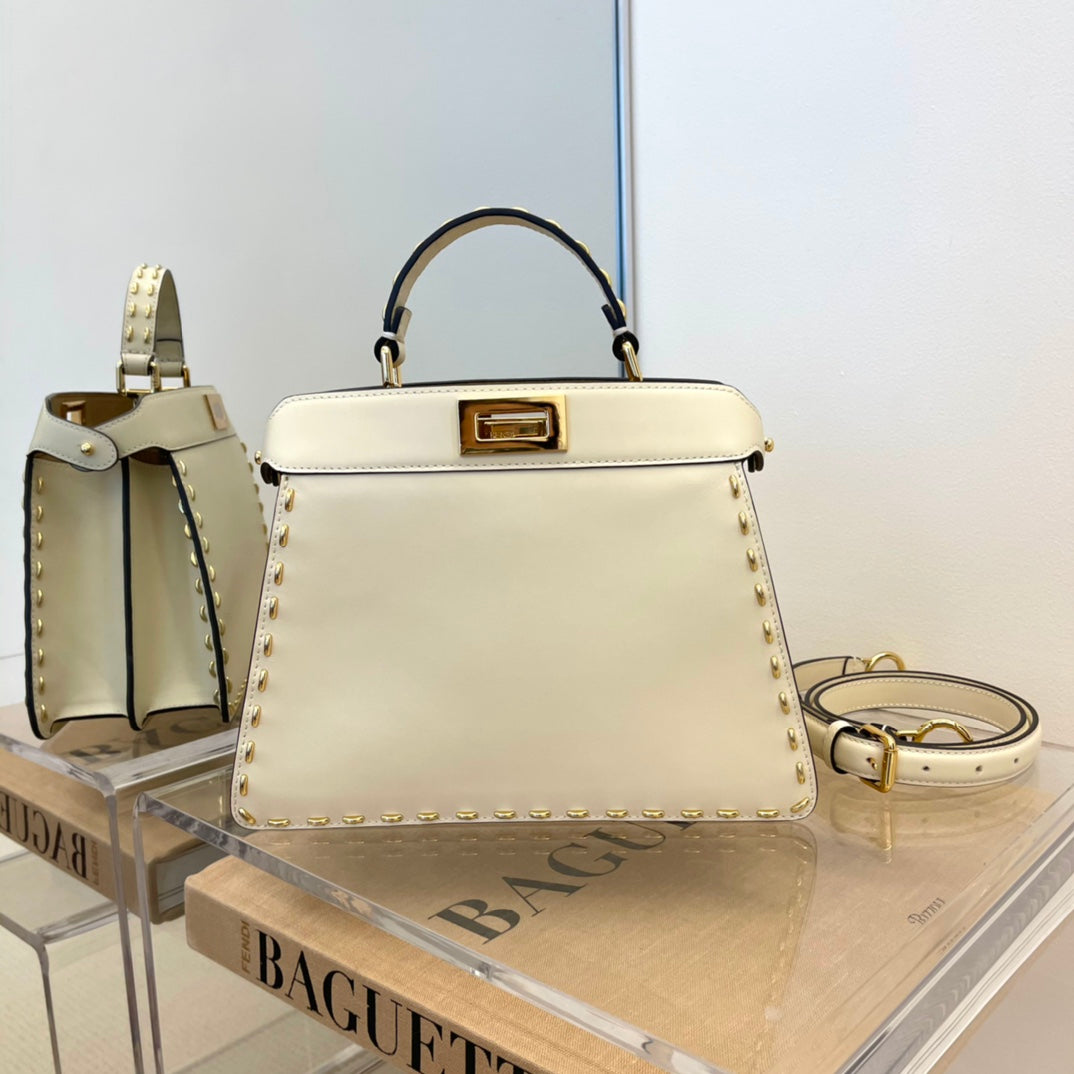 Fendi Peekaboo Iconic Mini Cream Leather Handbag with Gold-Tone Hardware
