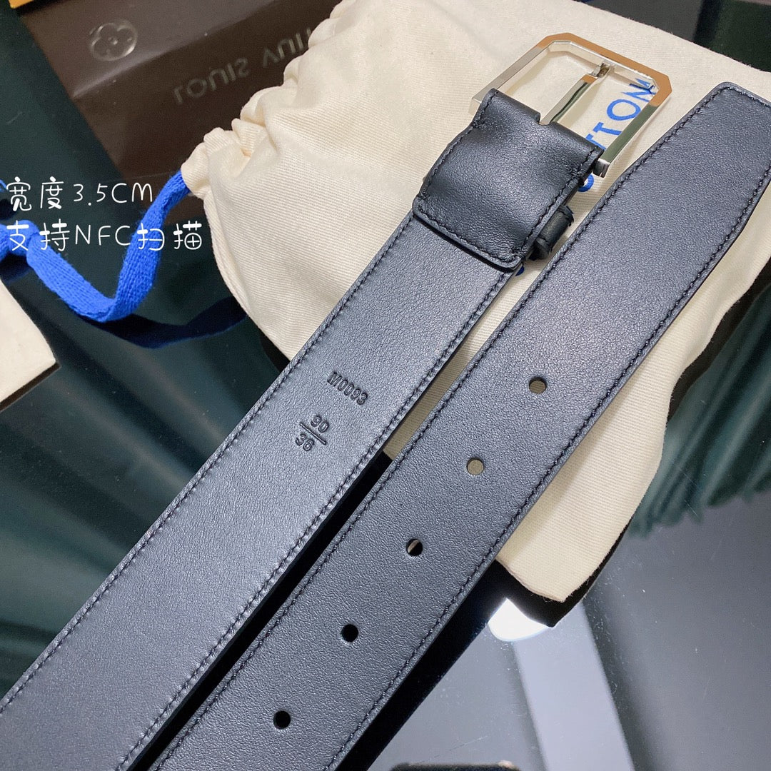 Louis Vuitton Men's Black Leather Belt with Silver Pin Buckle, 3.5cm Width