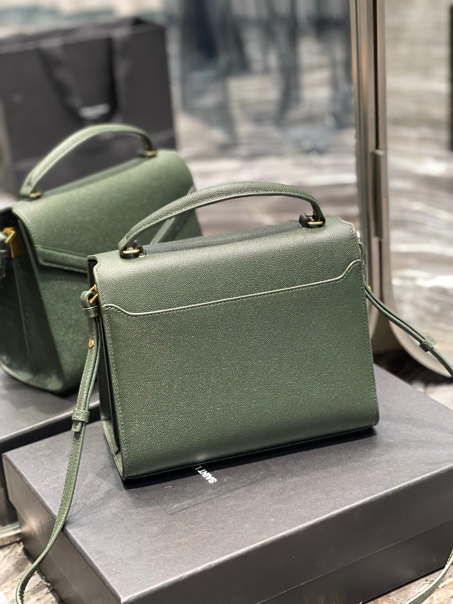Saint Laurent Cassandra Medium Top Handle Bag in Green Grained Leather