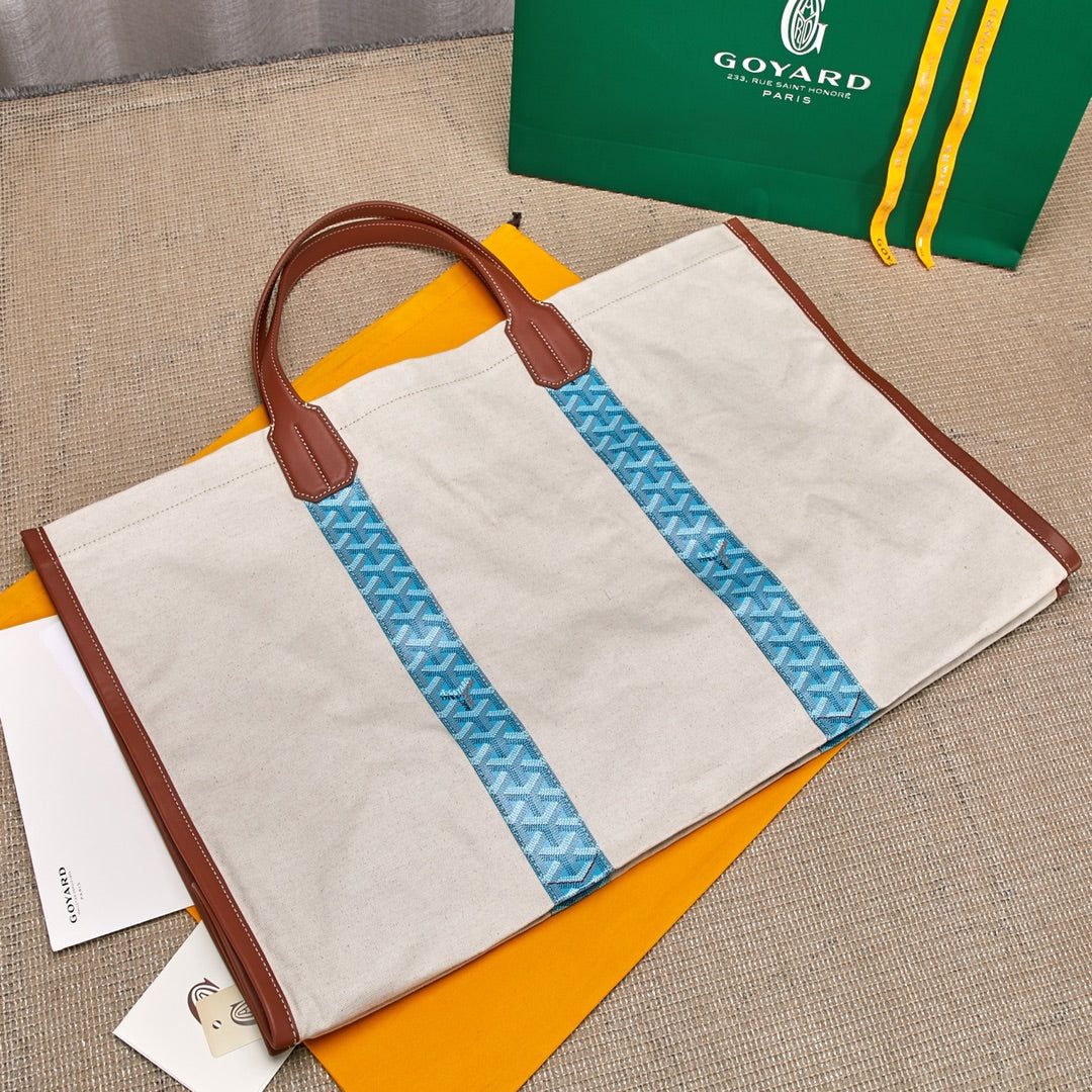 Gogy Large Canvas Shoulder Tote Bag with Leather Trim and Blue Accent Stripes
