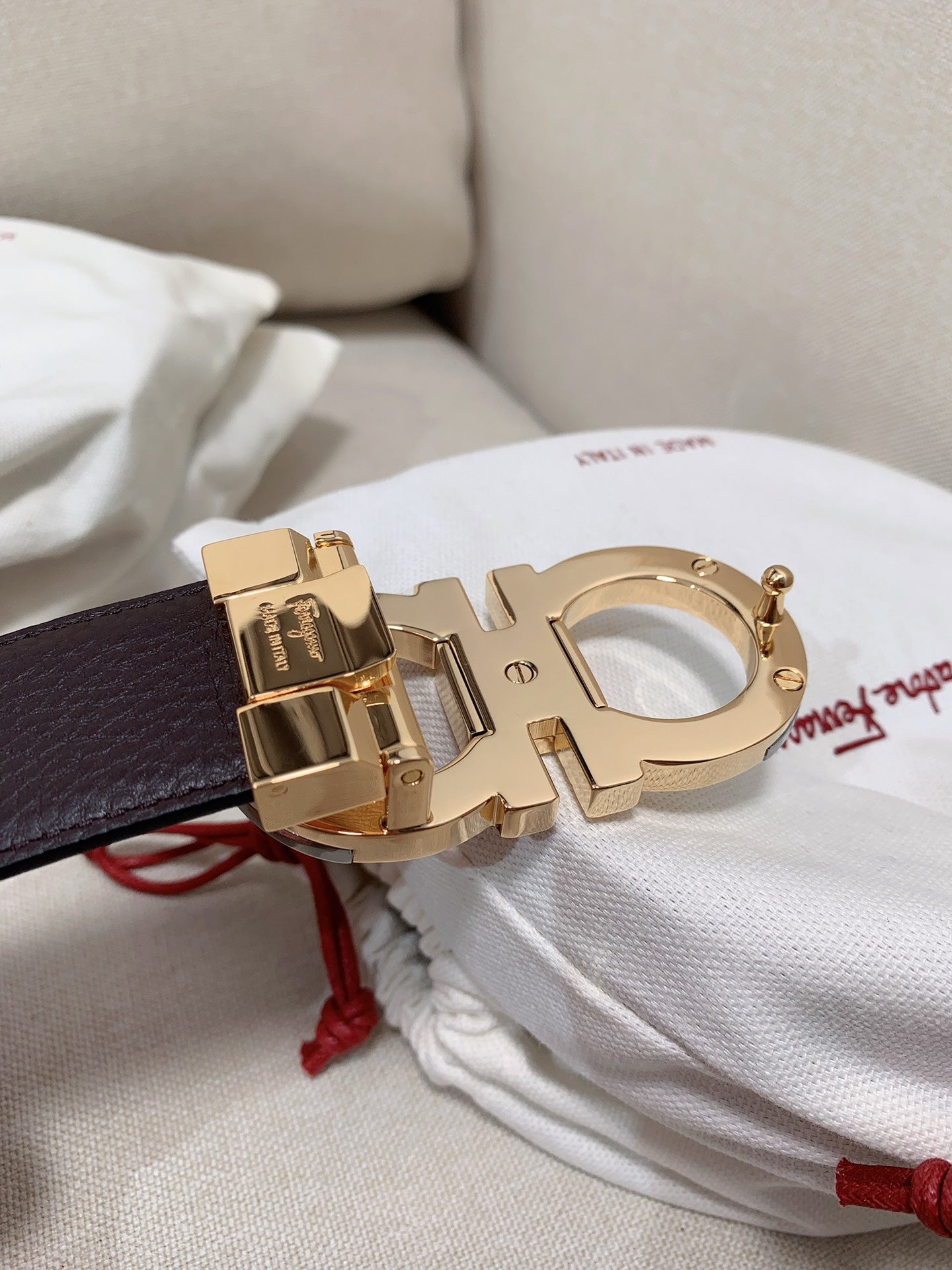 Salvatore Ferragamo Men's Gancini Buckle Leather Belt, Textured Gold and Silver-Tone Hardware, Black Leather