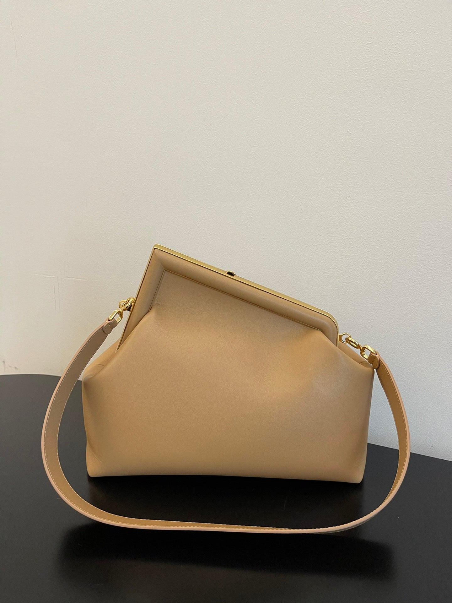 Small Leather Asymmetric Clutch Bag with Detachable Shoulder Strap - Beige