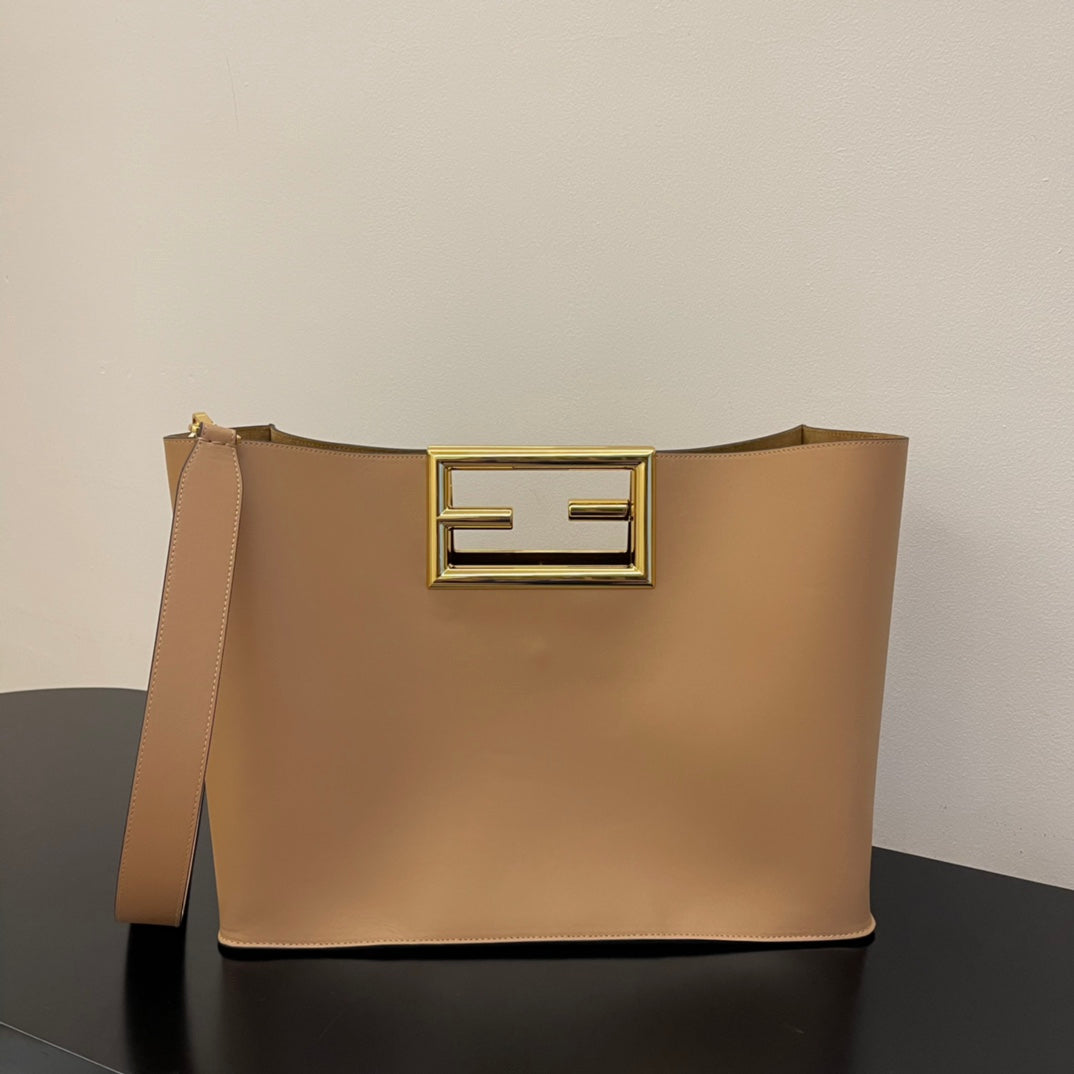 Women's Beige Leather Shoulder Bag with Gold Buckle Hardware