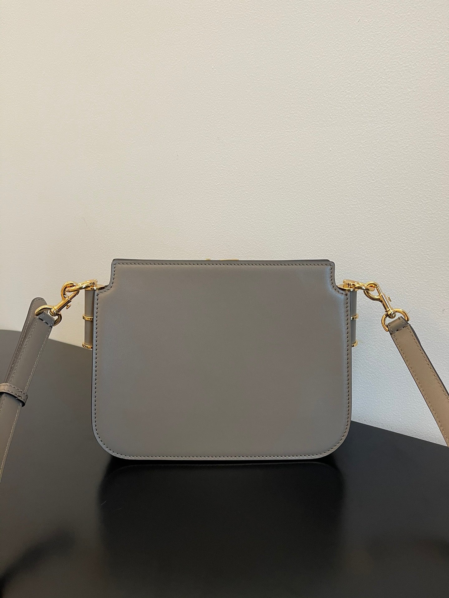 Fendi Small Grey Calfskin Leather Shoulder Bag with Gold-Tone FF Logo