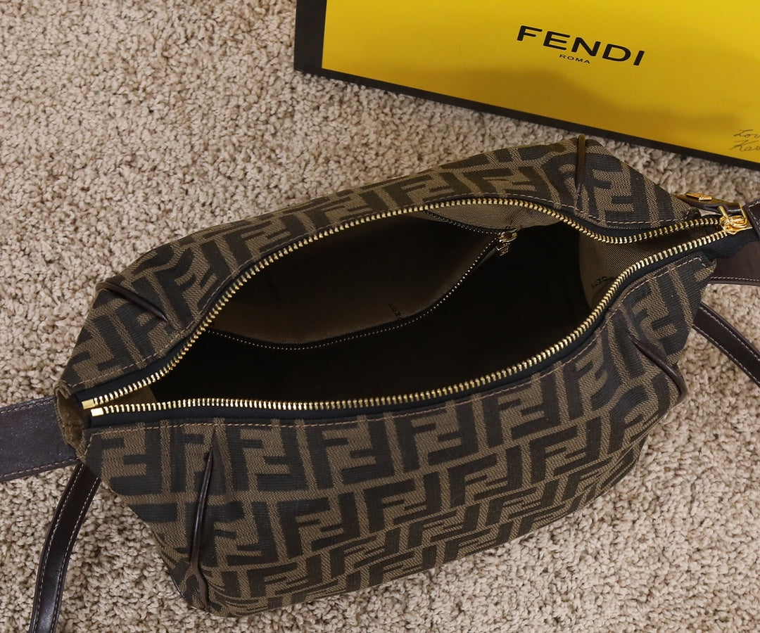 Fendi FF Monogram Canvas Small Boston Bag - Brown with Gold Hardware