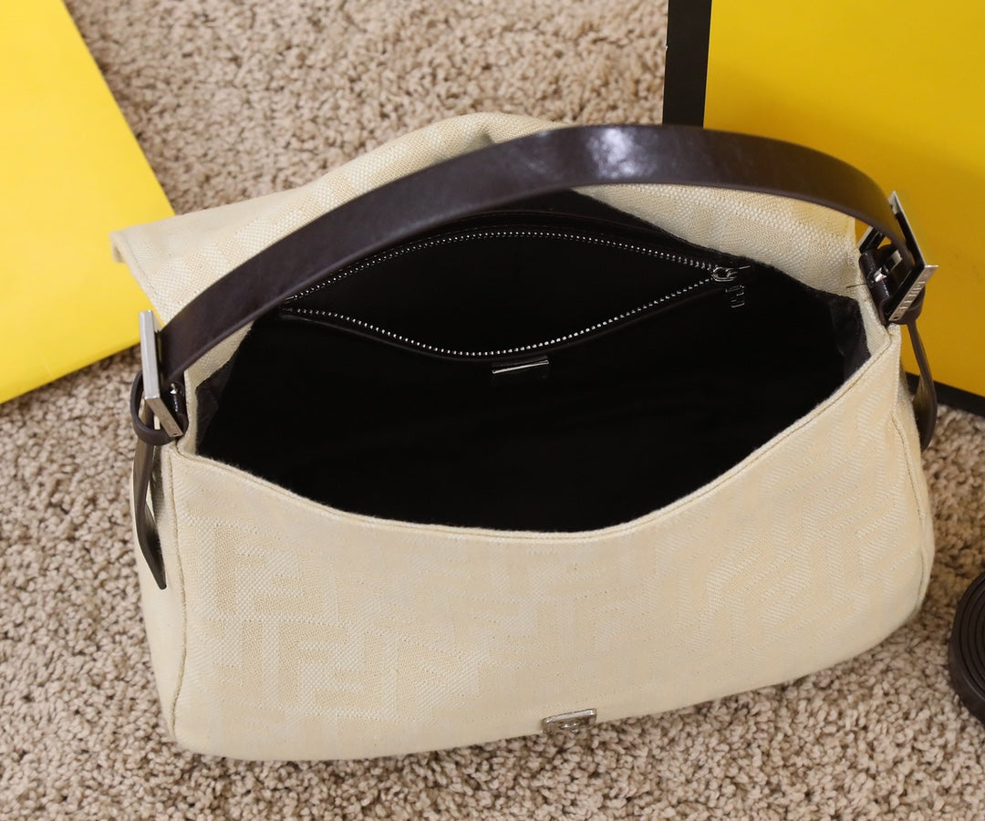 Fendi Baguette FF Monogram Fabric Shoulder Bag - Beige/Cream