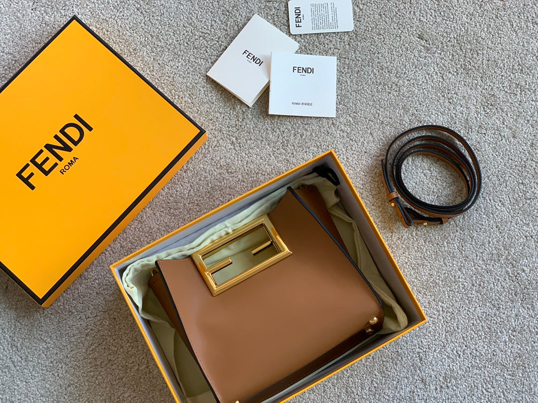 Fendi Way Small Tan Leather Handbag with Gold-Tone FF Logo