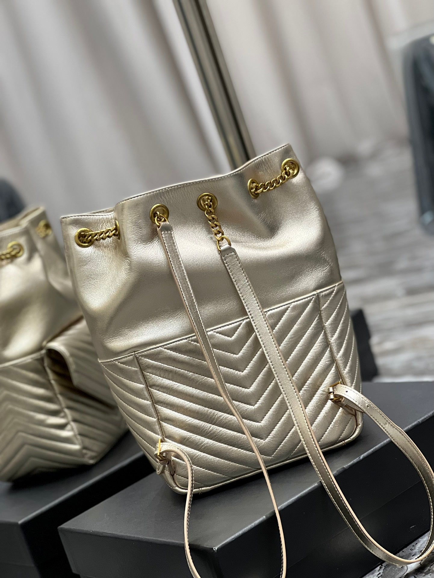 Gold Quilted Leather Bucket Bag - Elegant Metallic Shoulder Bag with Chain Strap